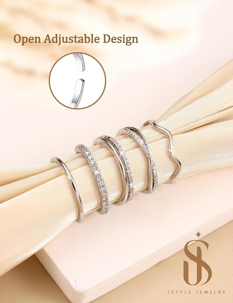 Jstyle Gold Stackable Rings for Women Non Tarnish Open Adjustable Rings Cubic Zirconia Thin Thumb Silver Ring Set 14K Gold Filled Pinky Knuckle Stacking Set - Dainty Statement Promise Band Ring Sets - Image 4